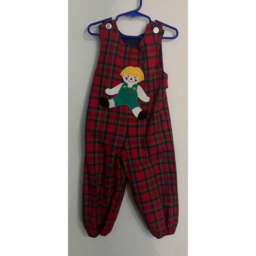 Vintage 90s Kelly's Kids Sz 3 Girls Red Green Plaid Jumper Doll Applique